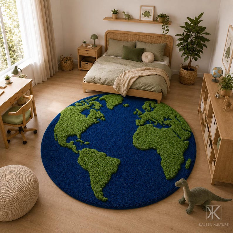 May include: A circular area rug featuring a tufted map of the world with deep blue oceans and textured green landmasses. The rug displays the continents of North and South America, Europe, and Africa in a high-pile finish on a wooden floor.