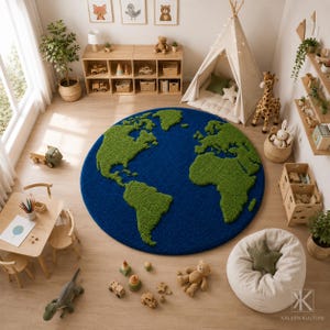 May include: A circular area rug featuring a deep blue ocean background with raised, textured green continents representing the Earth. The rug is positioned in the center of a room filled with wooden furniture, toys, and a play tent.