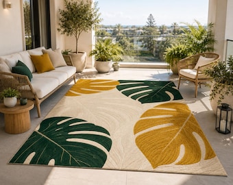 Hand Tufted Wool Monstera Leaf Rug, Tropical Botanical Carpet, Green Gold Home Decor