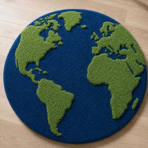 May include: A circular rug featuring a tufted map of the world. The continents are rendered in a vibrant lime green, while the oceans are depicted in a deep navy blue. The texture of the rug is thick and plush, creating a distinct contrast between the landmasses and the water, forming a complete globe design.