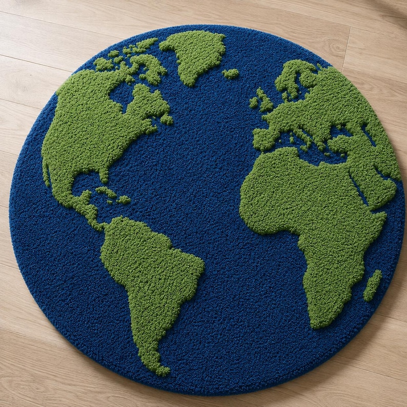 May include: A circular rug featuring a tufted map of the world. The continents are rendered in a vibrant lime green, while the oceans are depicted in a deep navy blue. The texture of the rug is thick and plush, creating a distinct contrast between the landmasses and the water, forming a complete globe design.