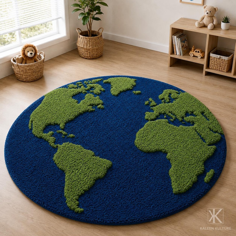 May include: A circular area rug featuring a textured map of the world with deep blue oceans and vibrant green landmasses. The rug has a thick, tufted pile construction and displays the continents of North America, South America, and Africa.
