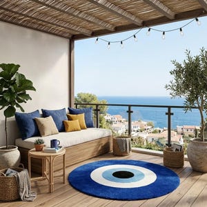 May include: A balcony scene with a wooden daybed, blue and tan pillows, and a round blue rug with an eye design. The rug is on a wooden deck overlooking the ocean. Decorative plants and string lights complete the outdoor living space.