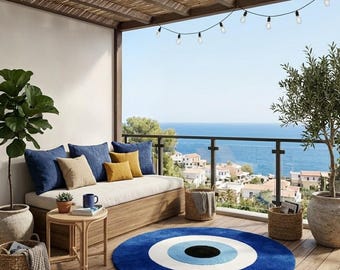 May include: A balcony scene with a wooden daybed, blue and tan pillows, and a round blue rug with an eye design. The rug is on a wooden deck overlooking the ocean. Decorative plants and string lights complete the outdoor living space.