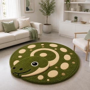 May include: A circular area rug featuring a stylised green snake design with a cream-coloured belly and spots. The snake has a large head with a black eye and a smiling mouth, set against a deep green background with cream circular patterns.