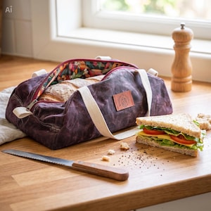 May include: A dark purple waxed canvas bread bag with white fabric handles and a zipper closure. The interior features a colorful floral pattern. A small rectangular brown leather patch with a logo is attached to the front of the bag.