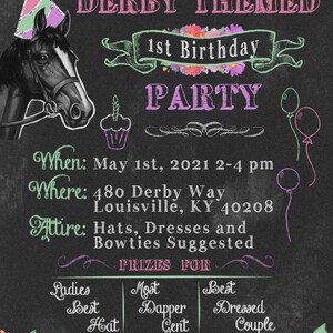 May include: A chalkboard style invitation to a Derby Themed 1st Birthday Party. The invitation features a horse, a cupcake, and balloons. The party is on May 1st, 2021 from 2-4 pm at 480 Derby Way, Louisville, KY 40208. The attire is hats, dresses, and bowties. There are prizes for the best hat, most dapper gent, and best dressed couple. Please RSVP at Creations by Deven on Etsy.com or 123.456.7890.