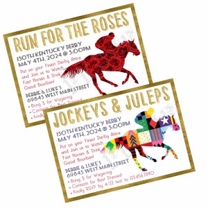 Kentucky Derby Party Invitation File Emailed or Printed Set of 40 with Printed Envelopes Jockeys and Juleps, Run For the Roses