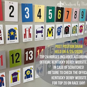 May include: A wall display featuring numbered cards and jockey silks. The cards are numbered 1-20 in various colors, with jockey silks below each number. The text on the image says "Post Position Draw Held on 4/25/2026!"