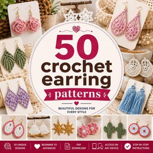30+ Crochet Earring Patterns PDF | Handmade Boho Jewelry DIY, Floral, Heart & Leaf Designs