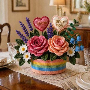 Puede incluir: Un arreglo floral de ganchillo en una maceta de rayas arcoíris con dos rosas grandes en rosa y melocotón, margaritas blancas, ramas de lavanda moradas y flores azules en forma de campana. Dos corazones de ganchillo dicen MAMA y BEST MOM.