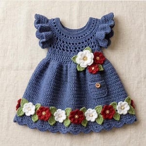 Può includere: Abito da neonata all'uncinetto blu fatto a mano con maniche a balze e abbellimenti floreali. L'abito presenta fiori bianchi e rossi con foglie verdi lungo l'orlo e il corpetto. Il testo "THE FLORAL HEIRLOOM BABY FROCK PATTERN" è visibile.