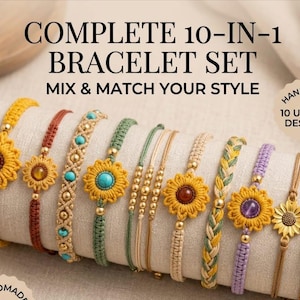 May include: A set of ten bracelets featuring various designs including sunflower motifs with amber, turquoise, and amethyst centers, braided cords, and metallic beads. The text reads COMPLETE 10-IN-1 BRACELET SET MIX & MATCH YOUR STYLE and HANDMADE 10 UNIQUE DESIGNS.