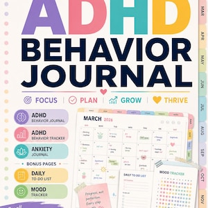 May include: A colorful ADHD Behavior Journal for 2026, featuring sections for focus, planning, and growth. Includes a calendar, to-do lists, mood trackers, and bonus pages. Contains over 200 stickers and 700+ pages.