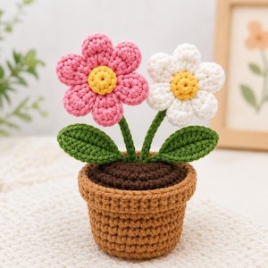 Mönster för virkade prästkragar i blomkruka, handledning för amigurumi till minikruka (PDF-nedladdning)