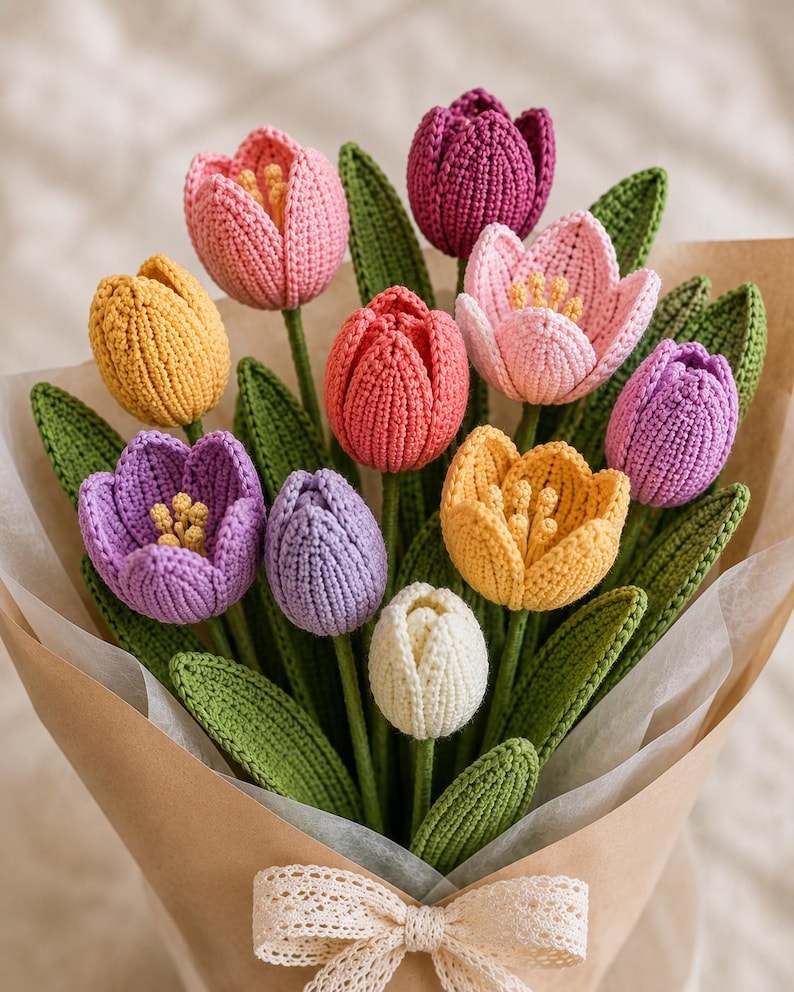 Open and Closed Tulips crochet flower pattern listing photo by DigitalbundlestudArt