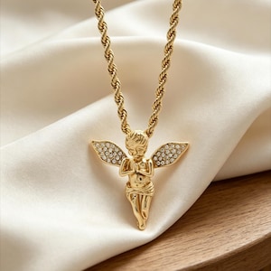 Men 14k Gold Plated Long Wings Angel Necklace, Cubic-Zirconia Baby Angel Pendant with 24" Rope Chain Necklaces bild 1