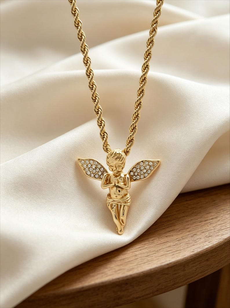 Men 14k Gold Plated Long Wings Angel Necklace, Cubic-Zirconia Baby Angel Pendant with 24" Rope Chain Necklaces bild 1