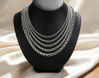 Stainless Steel Braided Chain Necklace, Wheat Chain Necklace For Men Women Jewelry Gifts, 3-8mm 18-24 Inch Spiga Franco Link Necklace