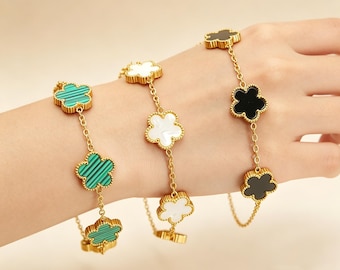 18K guldpläterat rostfritt stål armband med fem kronblad för kvinnor, blommande armband, gåva