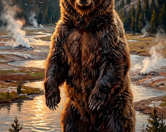 Bear realistic vintage oil animal portrait, fine art digital download poster