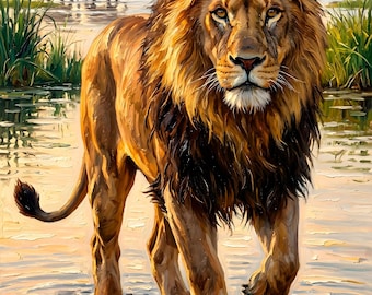Ritratto di leone ad olio, opera d'arte in stile antico, stampa digitale da parete.