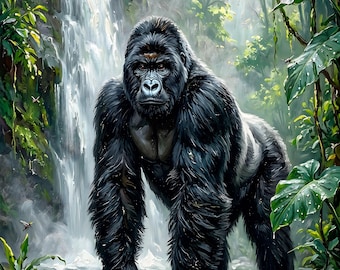 Retrato de gorila, estilo óleo vintage, paisaje de la selva, descarga digital.