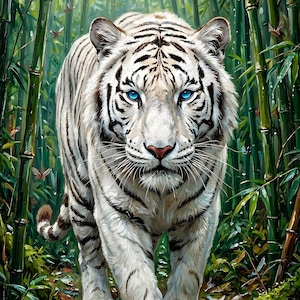 Op de afbeelding: Een majestueuze witte tijger met opvallende blauwe ogen en zwarte strepen loopt door een bamboebos. De afbeelding toont de tijger die op de kijker afloopt. Het kunstwerk toont het contrast tussen het dier en de groene omgeving.