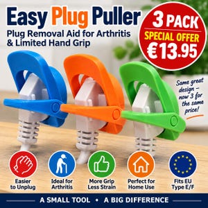 May include: Three plastic plug removal aids in blue, orange, and green, each attached to a white electrical plug. The text reads Easy Plug Puller, 3 PACK SPECIAL OFFER €13.95, Plug Removal Aid for Arthritis & Limited Hand Grip, and A SMALL TOOL • A BIG DIFFERENCE.