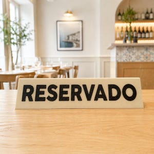 Könnte beinhalten: Ein dreieckiges, cremefarbenes Tischschild mit dem Wort RESERVADO in fetten, schwarzen, serifenlosen Großbuchstaben. Das Schild steht auf einer hellen Holzoberfläche und zeichnet sich durch eine glatte, matte Oberfläche und einen breiten Standfuß aus.