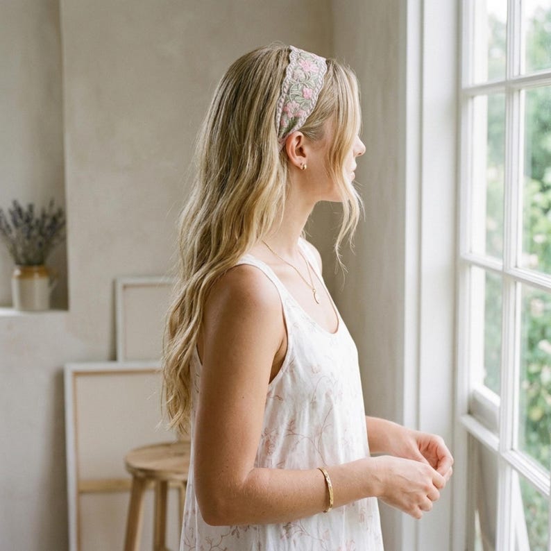 May include: A fabric headband featuring a light-colored base with an embroidered pattern of pink flowers and green leaves. The headband has a scalloped edge design and is worn across the top of the head, resting against long blonde hair.