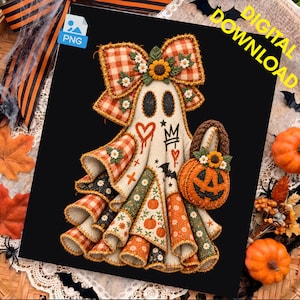 May include: A digital download graphic featuring a ghost figure adorned with a large orange and white checkered bow, sunflowers, and daisies. The ghost wears a patchwork-style gown with pumpkin, floral, and plaid patterns, holding a pumpkin basket.