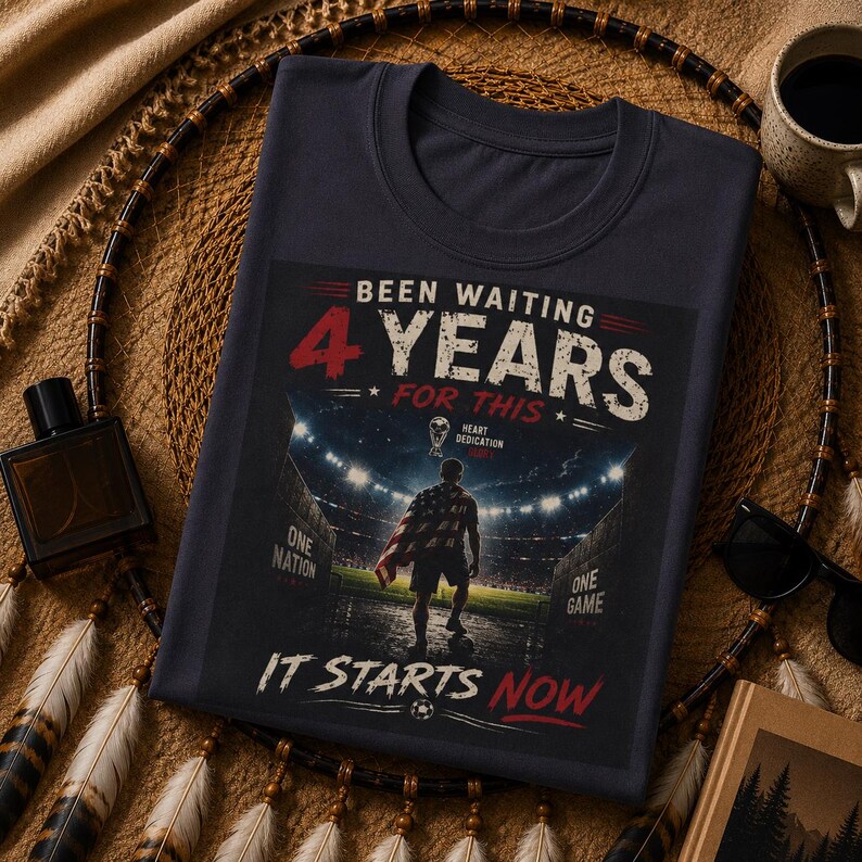 May include: Navy blue t-shirt with a graphic featuring the text "Been Waiting 4 Years For This." The design includes a soccer player on a field, the words "One Nation, One Game," and the phrase "It Starts Now."