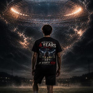 May include: A person stands on a soccer field, facing a stadium with bright lights. The person wears a black t-shirt with the text "Been Waiting 4 Years For This. It Starts Now." The image has a dramatic, cinematic feel.