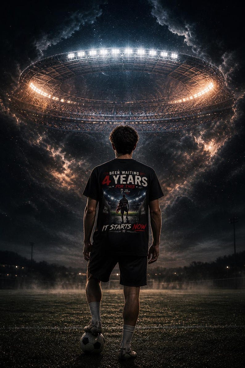 May include: A person stands on a soccer field, facing a stadium with bright lights. The person wears a black t-shirt with the text "Been Waiting 4 Years For This. It Starts Now." The image has a dramatic, cinematic feel.