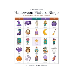 May include: A Halloween Picture Bingo game card by Crayon House Studio featuring 50 unique cards, calling cards, and markers. The grid displays colorful illustrations of a witch hat, spider, mummy, scarecrow, cauldron, pumpkin, and other icons.