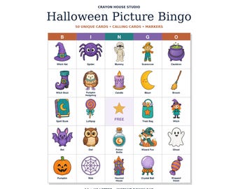 May include: A Halloween Picture Bingo game card by Crayon House Studio featuring 50 unique cards, calling cards, and markers. The grid displays colourful illustrations of a witch hat, spider, mummy, scarecrow, cauldron, pumpkin, and other icons.