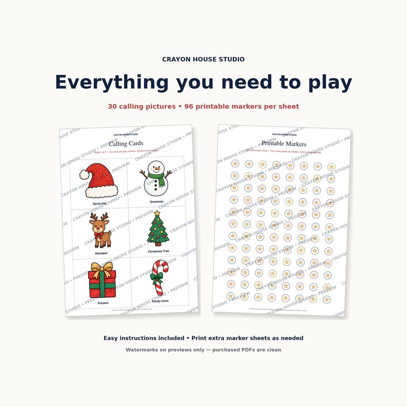 May include: A printable game set from Crayon House Studio titled Everything you need to play. It includes 30 calling pictures featuring Christmas icons like a Santa hat, snowman, reindeer, tree, present, and candy cane, plus 96 printable markers.