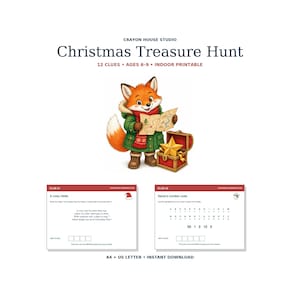 May include: A Christmas Treasure Hunt printable set by Crayon House Studio featuring 12 clues for ages 6-9. Includes an illustration of a fox in a green coat holding a map next to a treasure chest with a gold star, plus two clue cards.