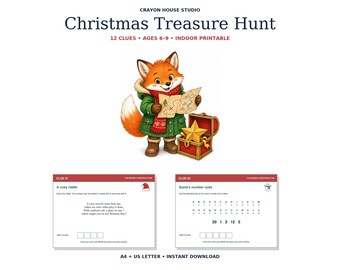 May include: A Christmas Treasure Hunt printable set by Crayon House Studio featuring 12 clues for ages 6-9. Includes an illustration of a fox in a green coat holding a map next to a treasure chest with a gold star, plus two clue cards.