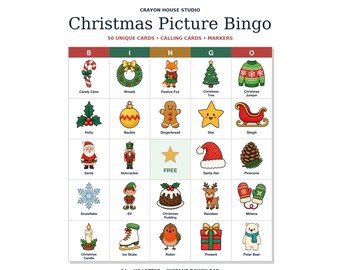 May include: A Christmas Picture Bingo game sheet by Crayon House Studio featuring 50 unique cards, calling cards, and markers. The grid displays colourful holiday icons like a candy cane, wreath, fox, tree, jumper, Santa, and a free star space.