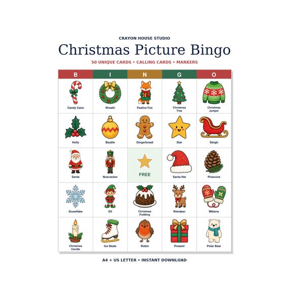Christmas Picture Bingo for Kids | 50 Unique Cards, Calling Cards & Markers | Printable Party Game PDF