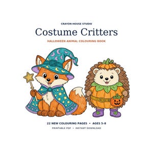 May include: A Halloween animal coloring book titled Costume Critters by Crayon House Studio. The cover features a fox dressed as a wizard holding a star wand and a hedgehog dressed as a pumpkin. It includes 22 new coloring pages for ages 5-8.