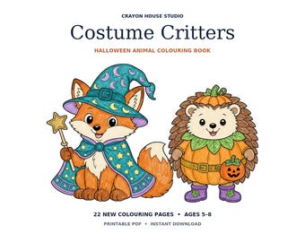 May include: A Halloween animal colouring book titled Costume Critters by Crayon House Studio. The cover features a fox dressed as a wizard holding a star wand and a hedgehog dressed as a pumpkin. It includes 22 new colouring pages for ages 5-8.