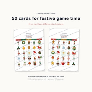 May include: Two printable Christmas picture bingo cards featuring a 5x5 grid of festive icons like Santa, reindeer, and ornaments. The text reads CRAYON HOUSE STUDIO, 50 cards for festive game time, and CHRISTMAS PICTURE BINGO.
