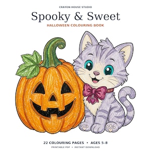 May include: A coloring book titled Spooky & Sweet Halloween Colouring Book by Crayon House Studio. The cover features a colored illustration of an orange jack-o'-lantern next to a light purple tabby cat wearing a dark pink bow tie.