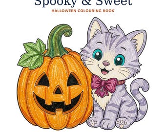 May include: A colouring book titled Spooky & Sweet Halloween Colouring Book by Crayon House Studio. The cover features a coloured illustration of an orange jack-o'-lantern next to a light purple tabby cat wearing a dark pink bow tie.