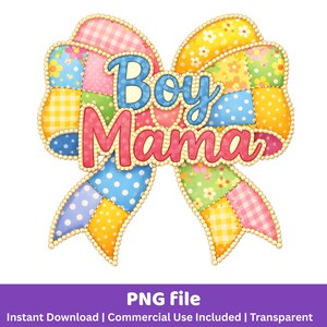 Boy Mama PNG | Patchwork Bow Sublimation Design | Trendy Motherhood Digital Download