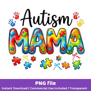 Puede incluir: Un gráfico colorido con las palabras "Autism MAMA" en letras grandes y burbujeantes. Las letras están rellenas con un patrón de arcoíris y piezas de rompecabezas. La palabra "Autism" está en escritura negra arriba. Piezas de rompecabezas dispersas y huellas de manos completan el diseño.