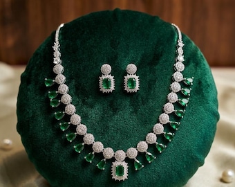 Emerald Royalty American Diamond & Green Drop Statement Necklace Set